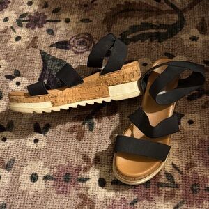 Black Strappy Cork Wedge Sandals